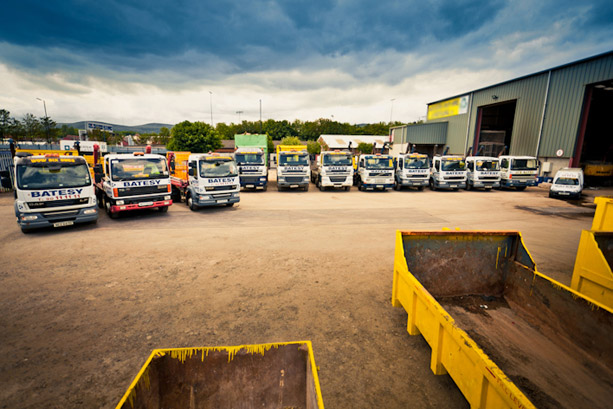 The Batesy Skip Depot with lorries and skips in Belfast